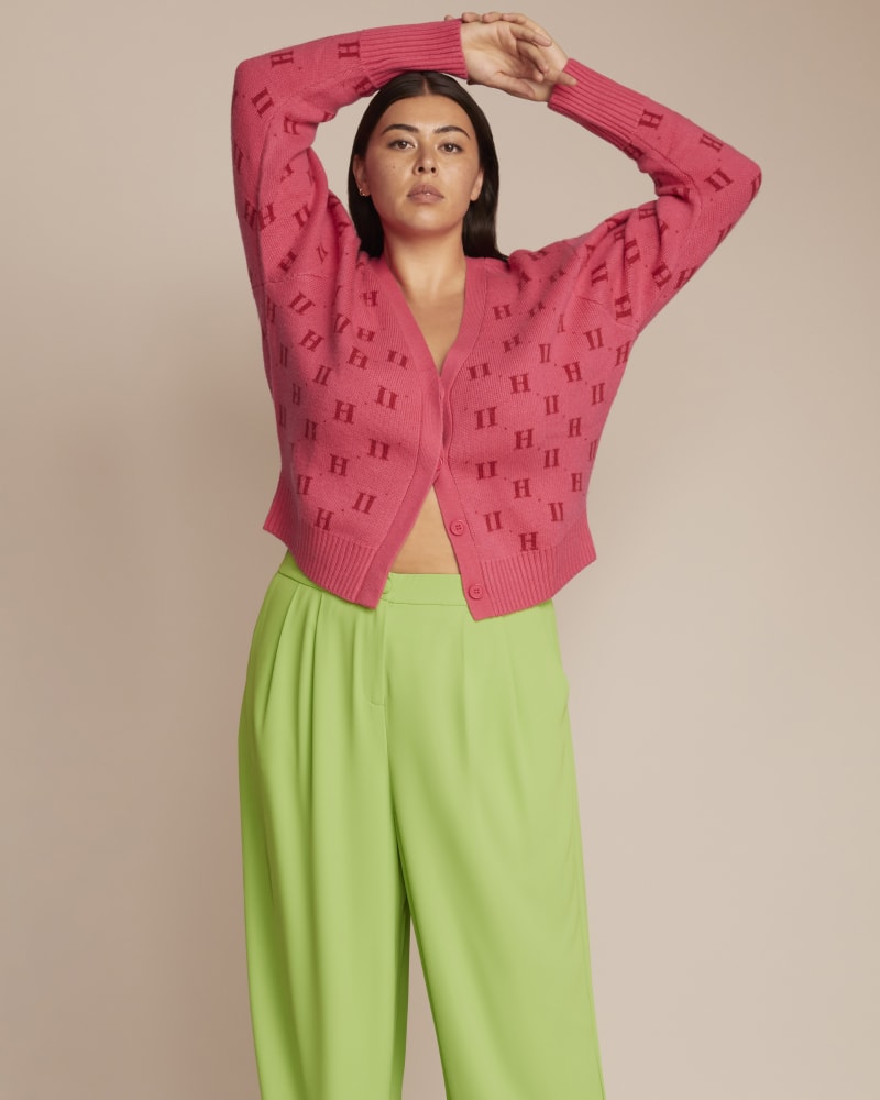 Front of a model wearing a size 0 Angie Cardigan in 11H Monogram by 11 Honoré Collection. | dia_product_style_image_id:230852